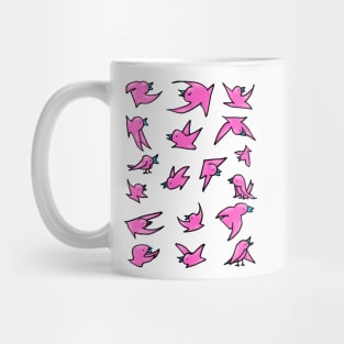 Flock of pink birds with blue beaks happily chirping and flying Mug